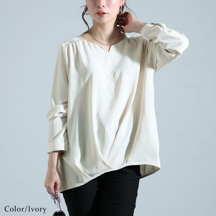 大きいサイズ レディース キーネックタケノコタックブラウス　cpdai-640346 【メール便可】 アイボリー