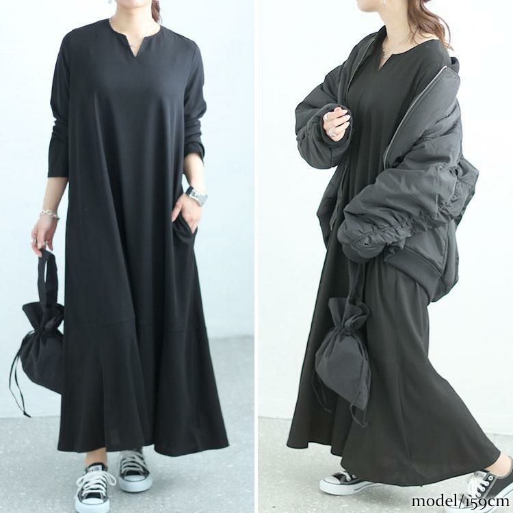 大きいサイズ レディース キーネックワッフルマーメイドワンピース　maru-6745 ブラック