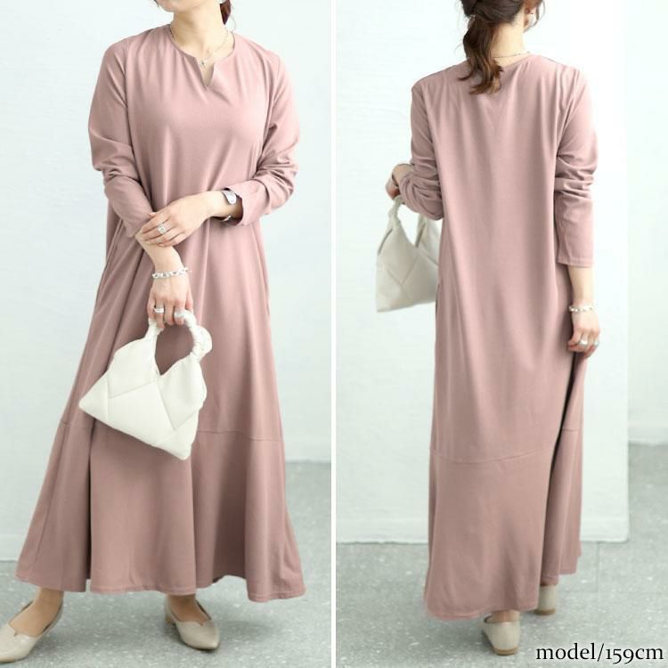 大きいサイズ レディース キーネックワッフルマーメイドワンピース　maru-6745 モーブピンク