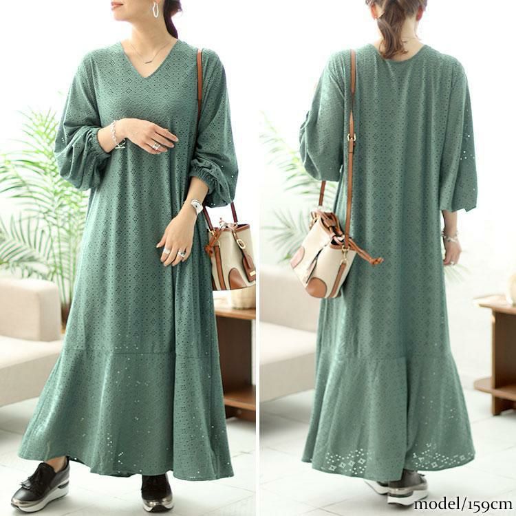 大きいサイズ レディース 前後2way刺繍使いマーメイドワンピース　maru-6738 グリーン