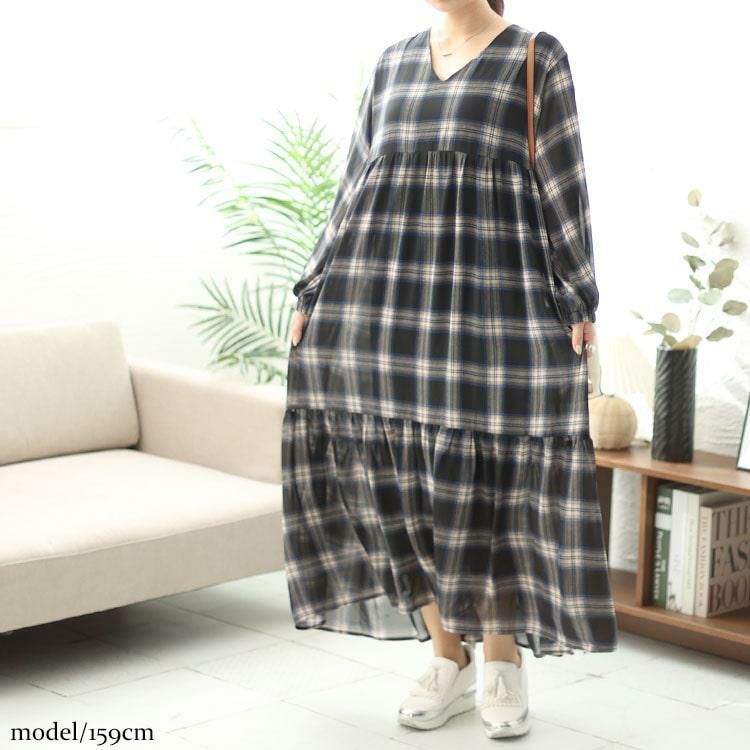 大きいサイズ レディース 前後2wayチェック柄ティアードワンピース　maru-6736 ブラック