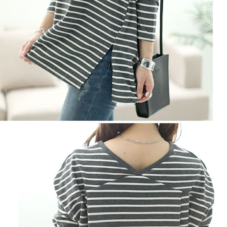 大きいサイズ レディース Vネックボーダー柄ロングTシャツ　maru-6726