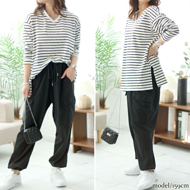 大きいサイズ レディース Vネックボーダー柄ロングTシャツ　maru-6726