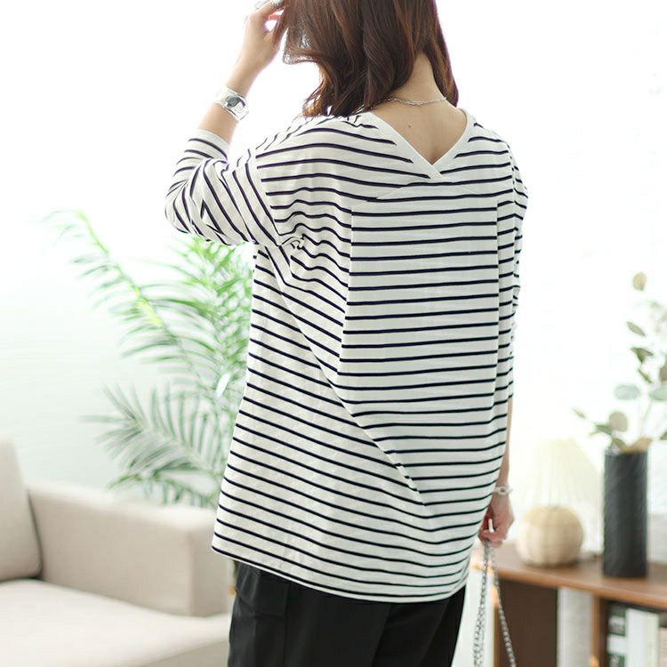 大きいサイズ レディース Vネックボーダー柄ロングTシャツ　maru-6726