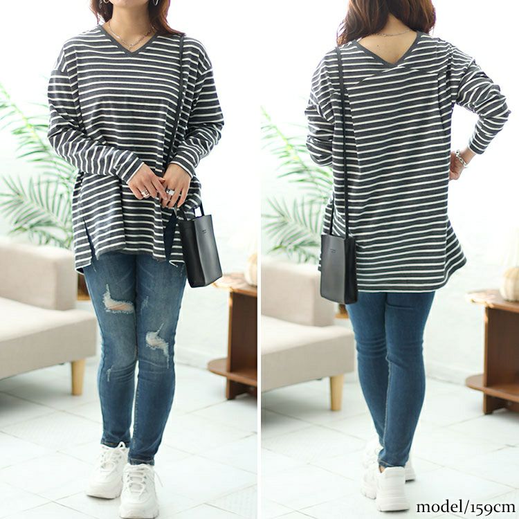 大きいサイズ レディース Vネックボーダー柄ロングTシャツ　maru-6726