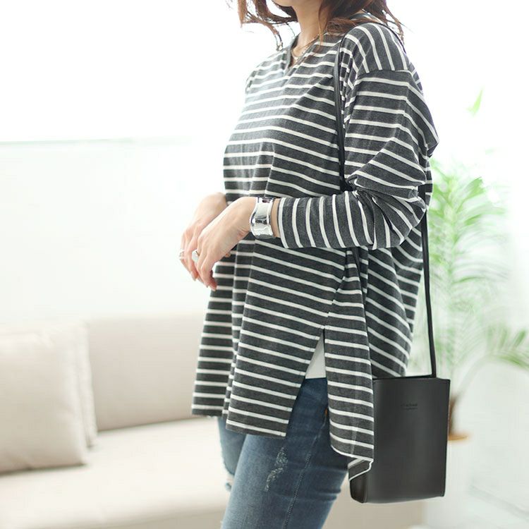 大きいサイズ レディース Vネックボーダー柄ロングTシャツ　maru-6726