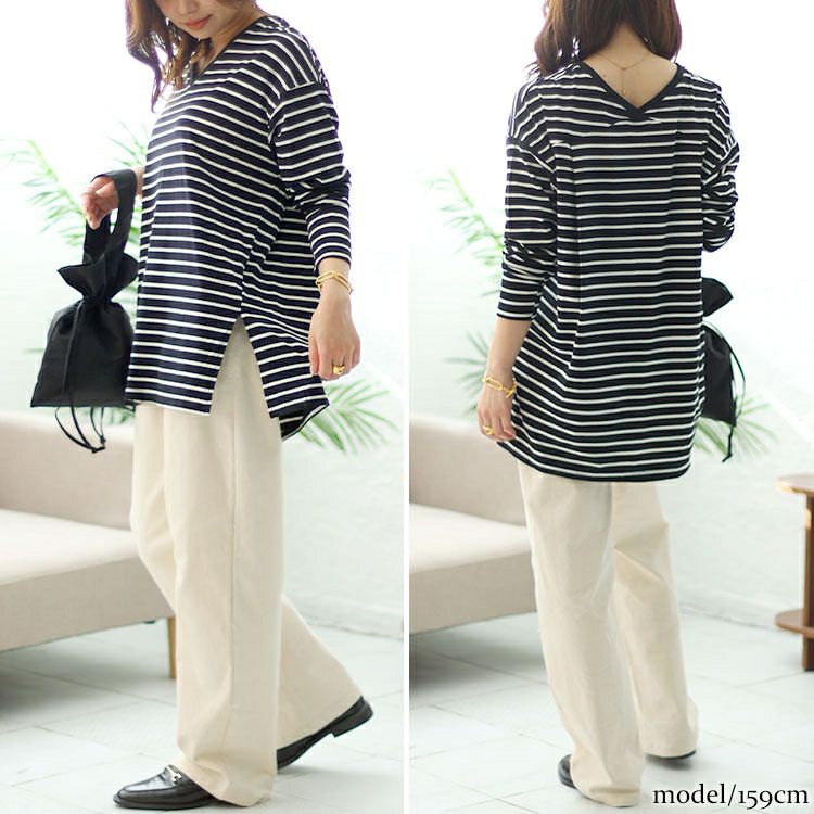 大きいサイズ レディース Vネックボーダー柄ロングTシャツ　maru-6726