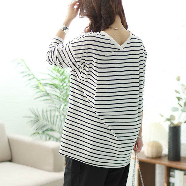 大きいサイズ レディース Vネックボーダー柄ロングTシャツ　maru-6726 オフホワイト