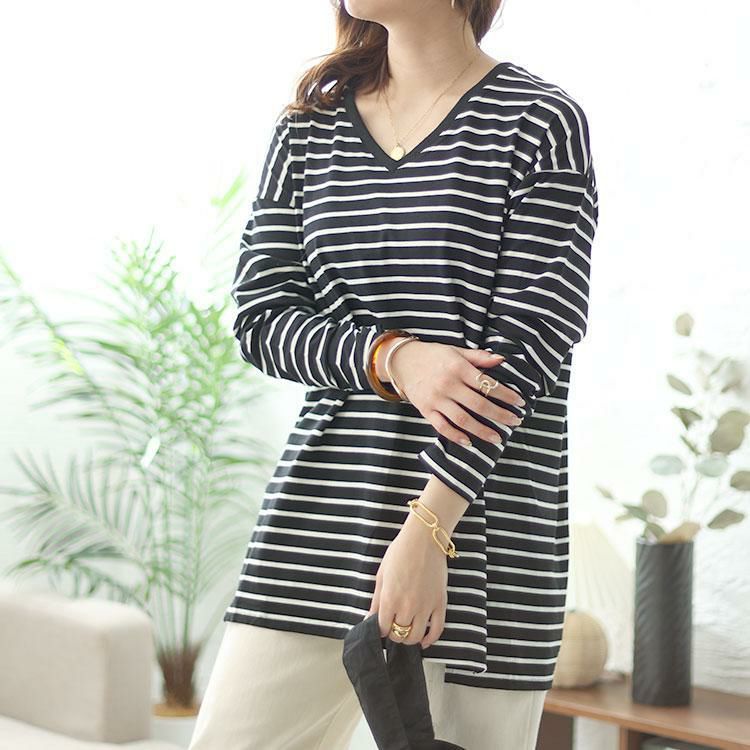 大きいサイズ レディース Vネックボーダー柄ロングTシャツ　maru-6726 ブラック
