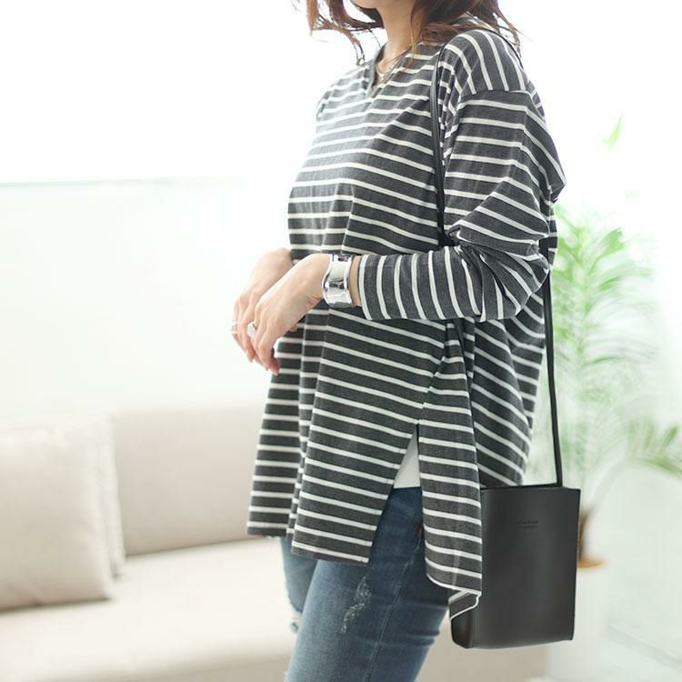 大きいサイズ レディース Vネックボーダー柄ロングTシャツ　maru-6726 チャコール