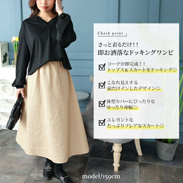 大きいサイズ レディース フクレジャガードドッキングワンピース　fem-457