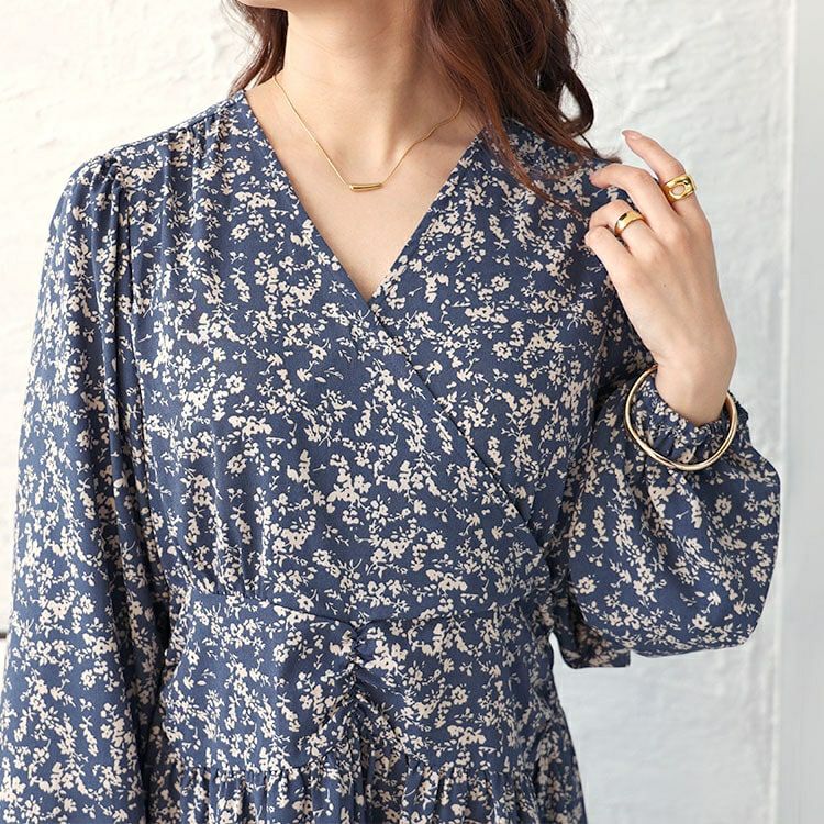 大きいサイズ レディース 小花柄カシュクールワンピース　fem-450