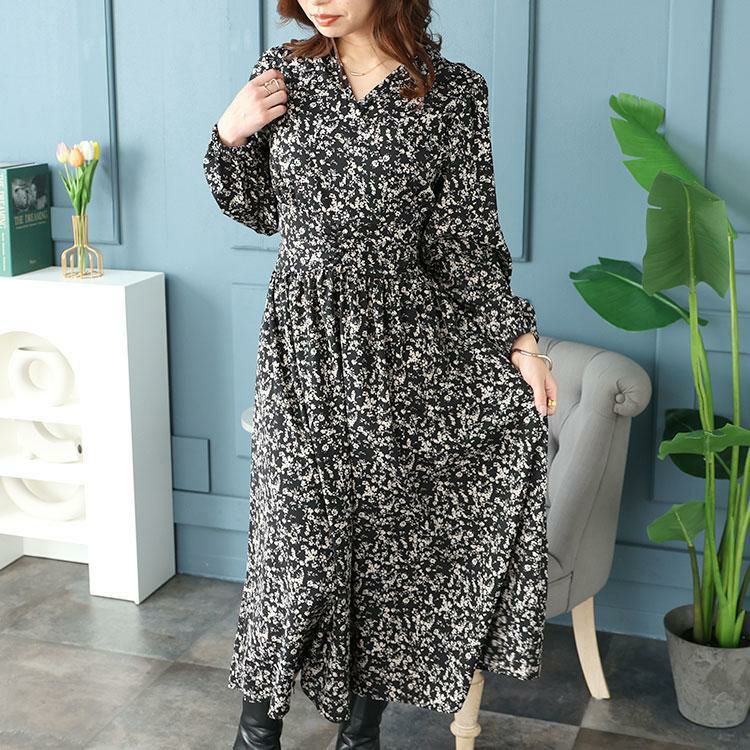 大きいサイズ レディース 小花柄カシュクールワンピース　fem-450 ブラック