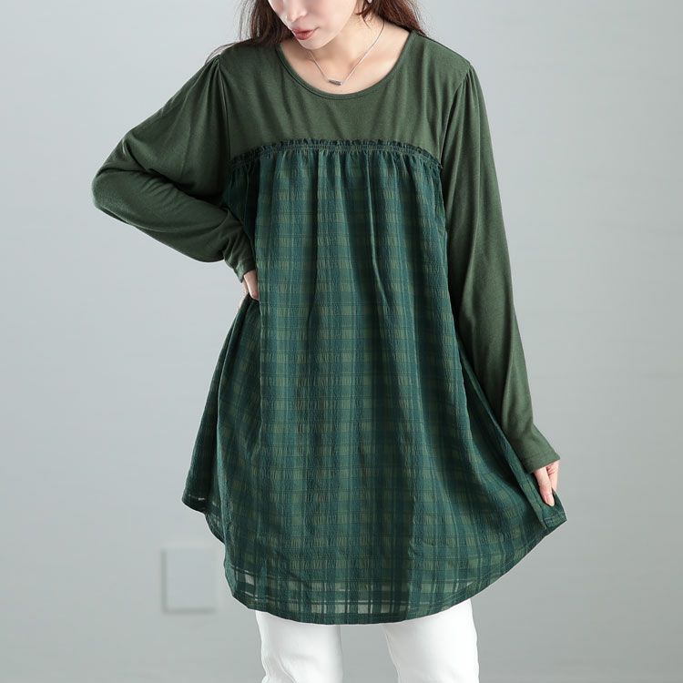 大きいサイズ レディース シアーチェック切り替えチュニック　cast-5542019