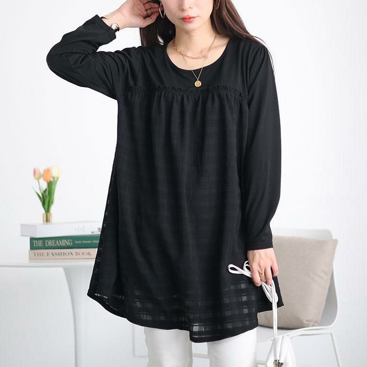 大きいサイズ レディース シアーチェック切り替えチュニック　cast-5542019 ブラック