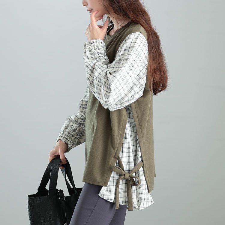 大きいサイズ レディース サイドリボンフェイクレイヤードチュニック　cast-5542017