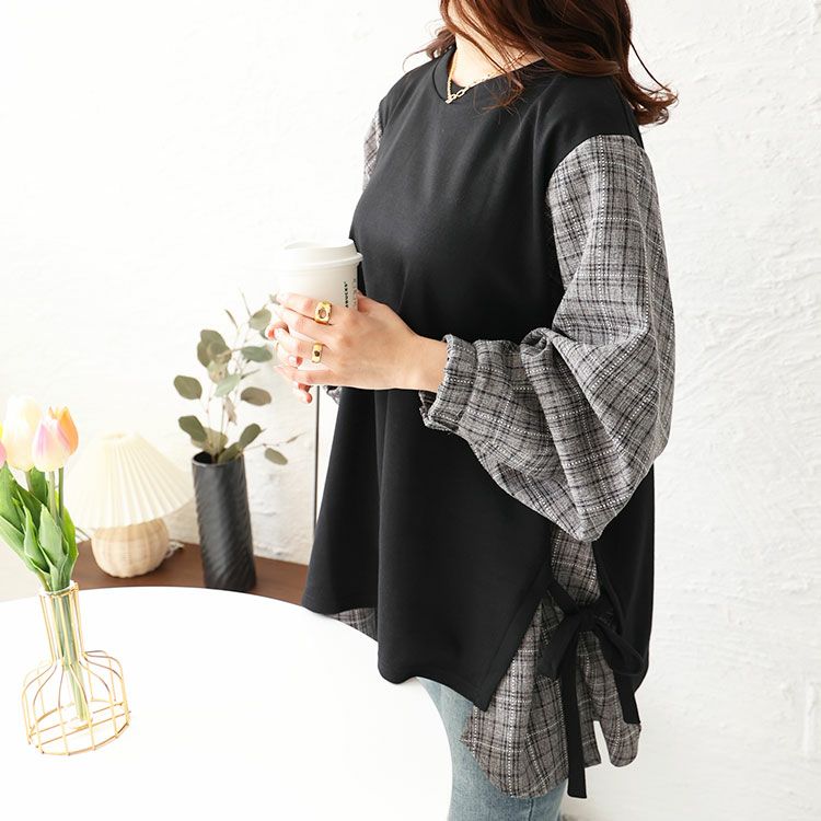 大きいサイズ レディース サイドリボンフェイクレイヤードチュニック　cast-5542017