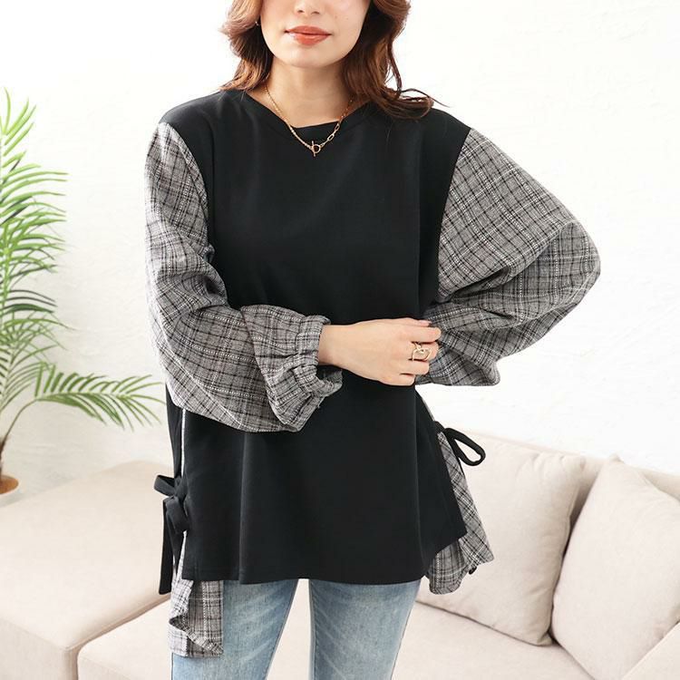大きいサイズ レディース サイドリボンフェイクレイヤードチュニック　cast-5542017 ブラック