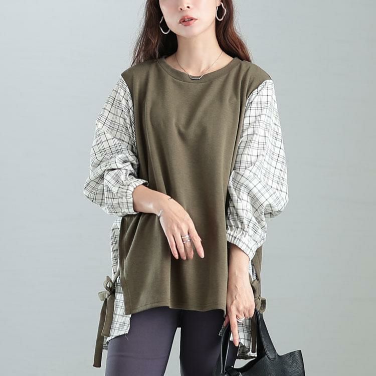 大きいサイズ レディース サイドリボンフェイクレイヤードチュニック　cast-5542017 カーキ