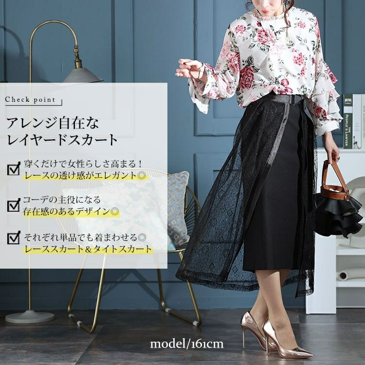 大きいサイズ レディース タイト＆レースフレアレイヤードスカート２点セット　jp500