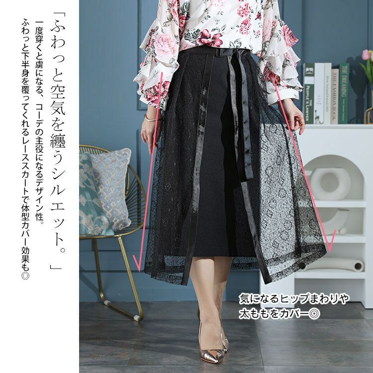 大きいサイズ レディース タイト＆レースフレアレイヤードスカート２点セット　jp500
