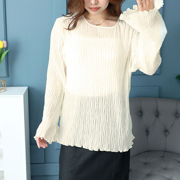 大きいサイズ レディース フレアスリーブワッシャープリーツプルオーバー　maru-6742 【メール便可】