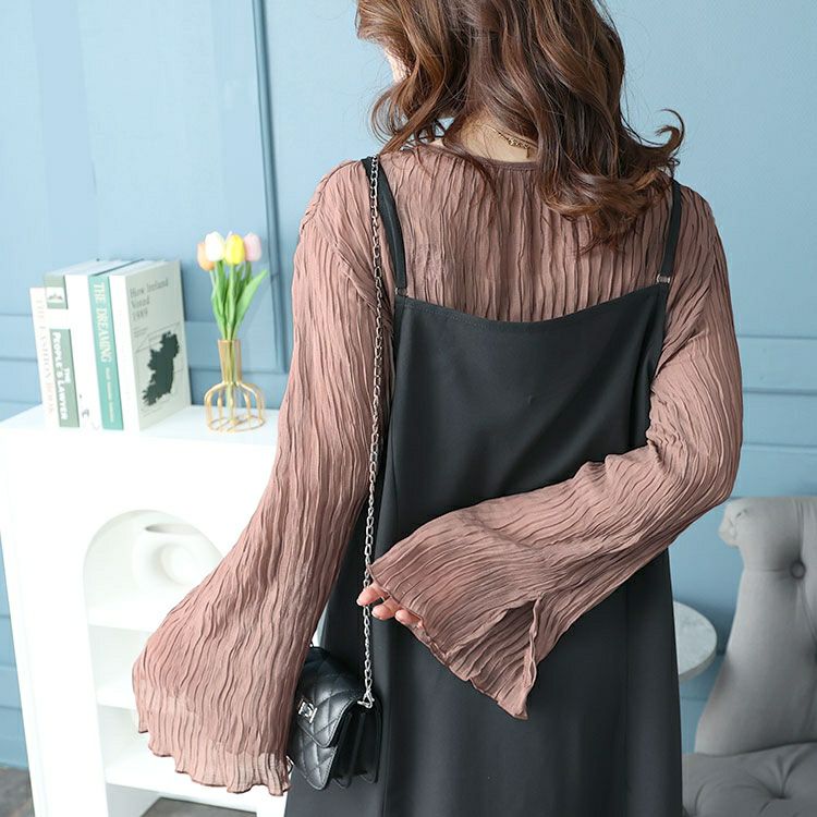 大きいサイズ レディース フレアスリーブワッシャープリーツプルオーバー　maru-6742 【メール便可】