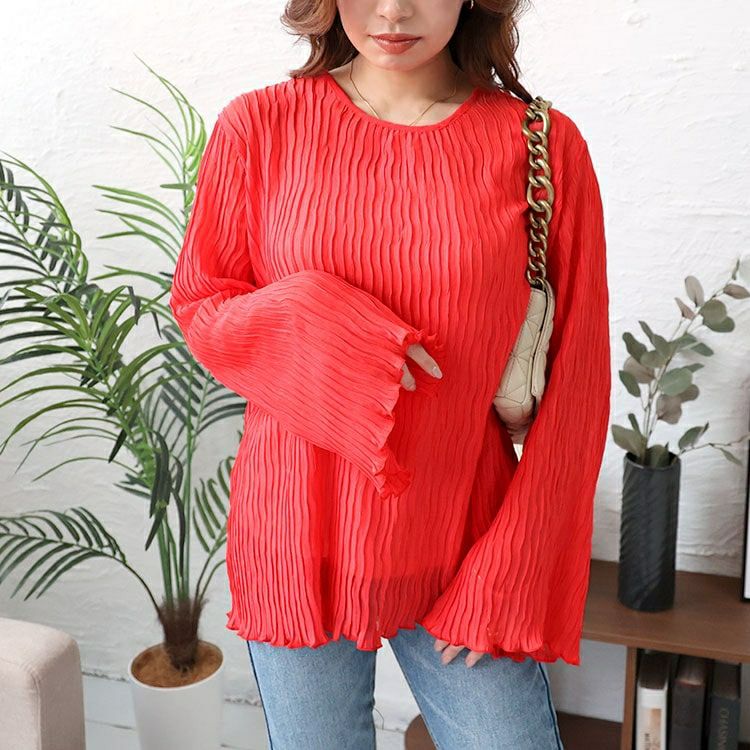 大きいサイズ レディース フレアスリーブワッシャープリーツプルオーバー　maru-6742 【メール便可】