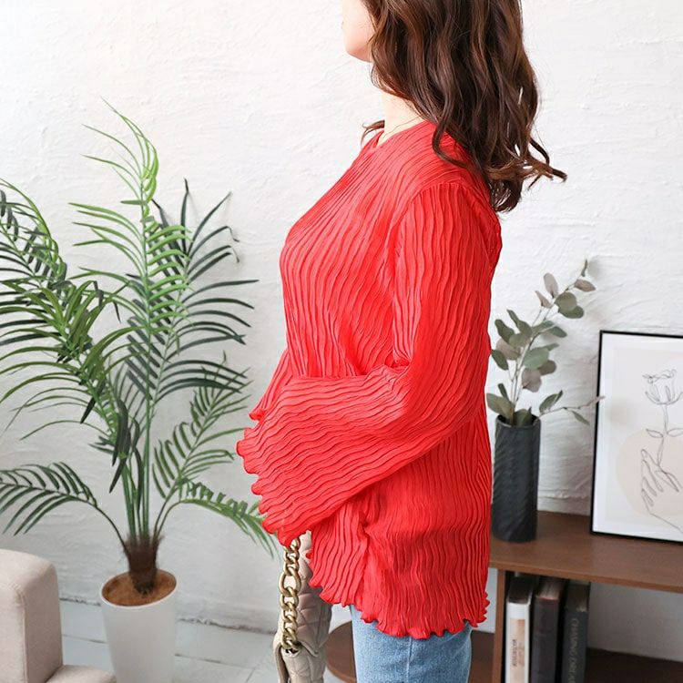 大きいサイズ レディース フレアスリーブワッシャープリーツプルオーバー　maru-6742 【メール便可】