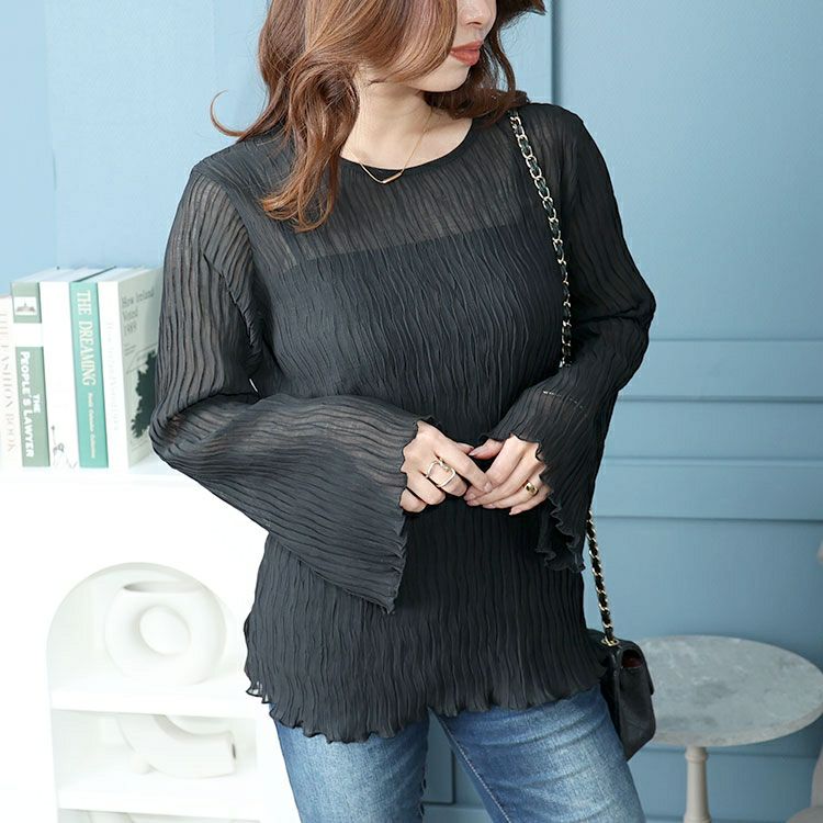 大きいサイズ レディース フレアスリーブワッシャープリーツプルオーバー　maru-6742 【メール便可】