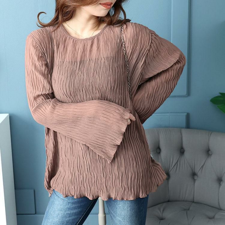 大きいサイズ レディース フレアスリーブワッシャープリーツプルオーバー　maru-6742 【メール便可】 モカ