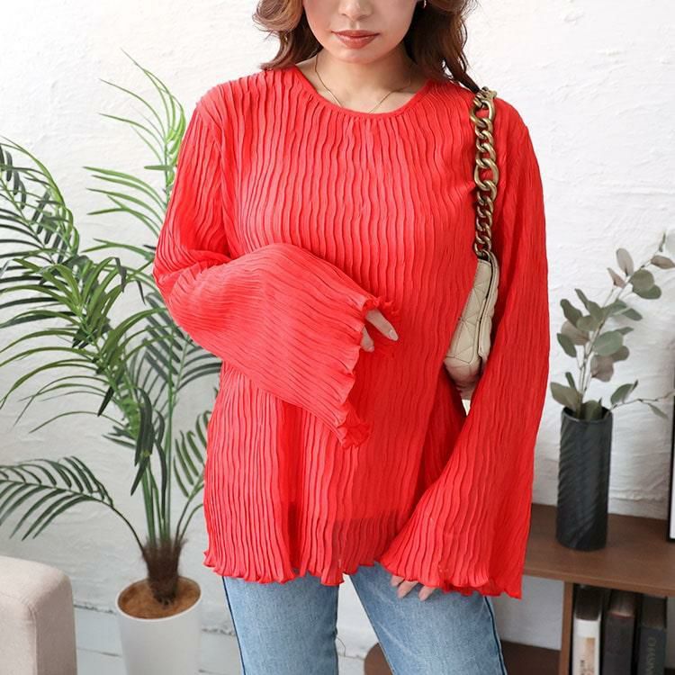 大きいサイズ レディース フレアスリーブワッシャープリーツプルオーバー　maru-6742 【メール便可】 コーラルピンク