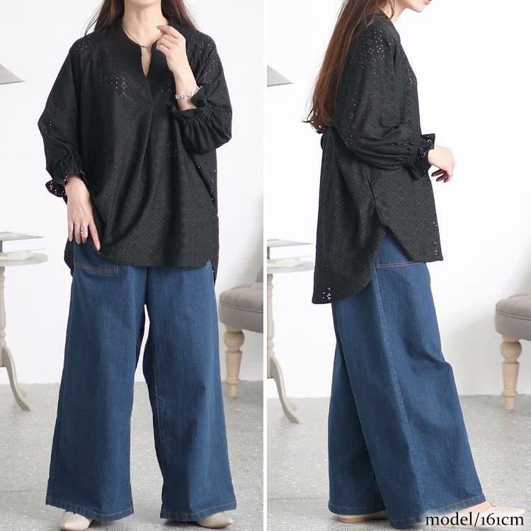 大きいサイズ レディース ストレッチレースドルマンブラウス　maru-6737 ブラック