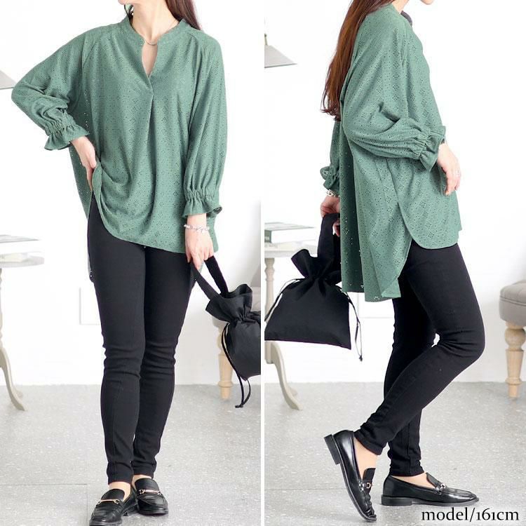 大きいサイズ レディース ストレッチレースドルマンブラウス　maru-6737 グリーン