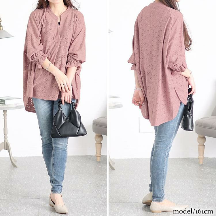 大きいサイズ レディース ストレッチレースドルマンブラウス　maru-6737 モーブピンク