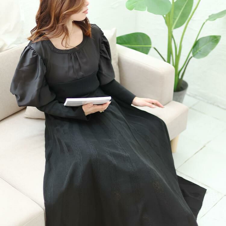 大きいサイズ レディース 異素材パワーショルダーニットワンピース　jps030 【ゆうパケット可】 ブラック