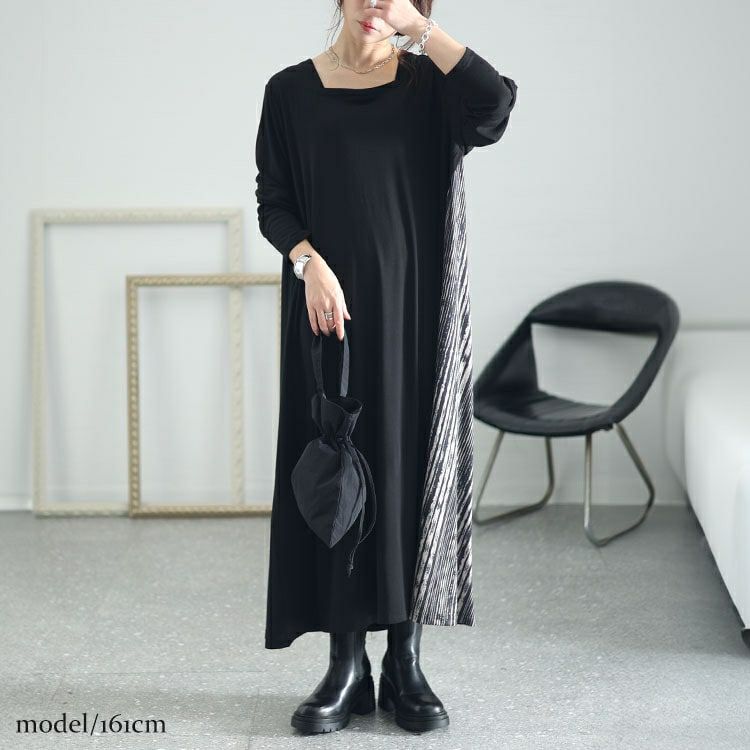 大きいサイズ レディース ランダムストライプ切替えAラインアシメワンピース　kt-7824660