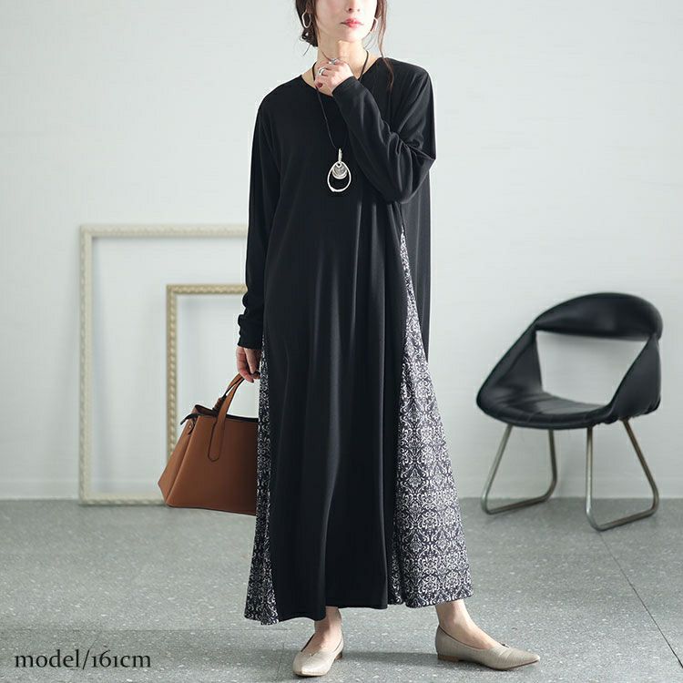 大きいサイズ レディース アラベスク柄切替えAラインワンピース　kt-7824650