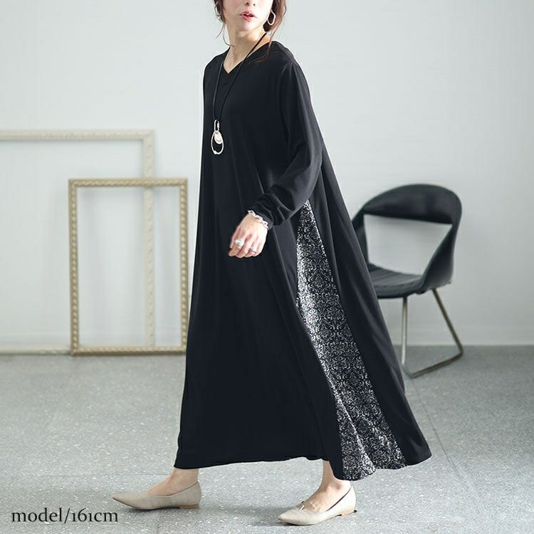 大きいサイズ レディース アラベスク柄切替えAラインワンピース　kt-7824650