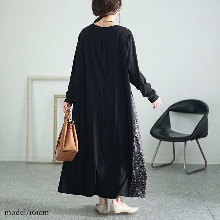 大きいサイズ レディース アラベスク柄切替えAラインワンピース　kt-7824650