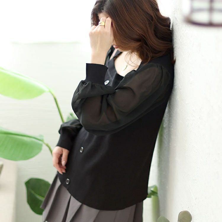 大きいサイズ レディース シアーボリュームスリーブリブニット　jps014