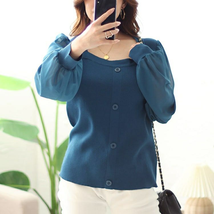 大きいサイズ レディース シアーボリュームスリーブリブニット　jps014