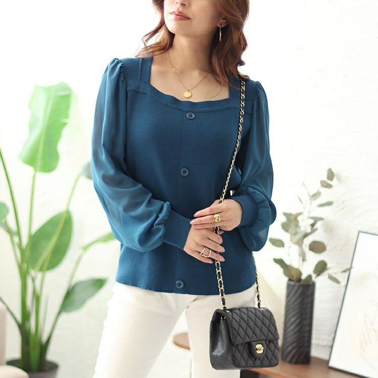 大きいサイズ レディース シアーボリュームスリーブリブニット　jps014