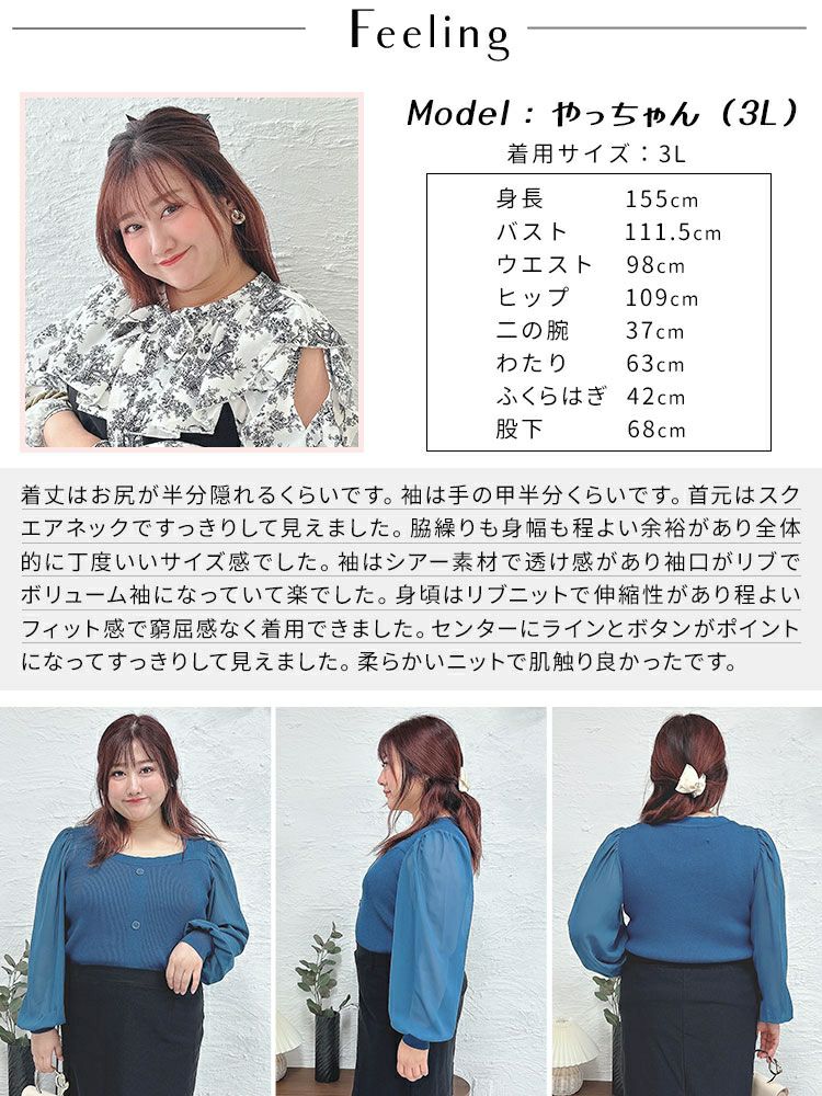 大きいサイズ レディース シアーボリュームスリーブリブニット　jps014