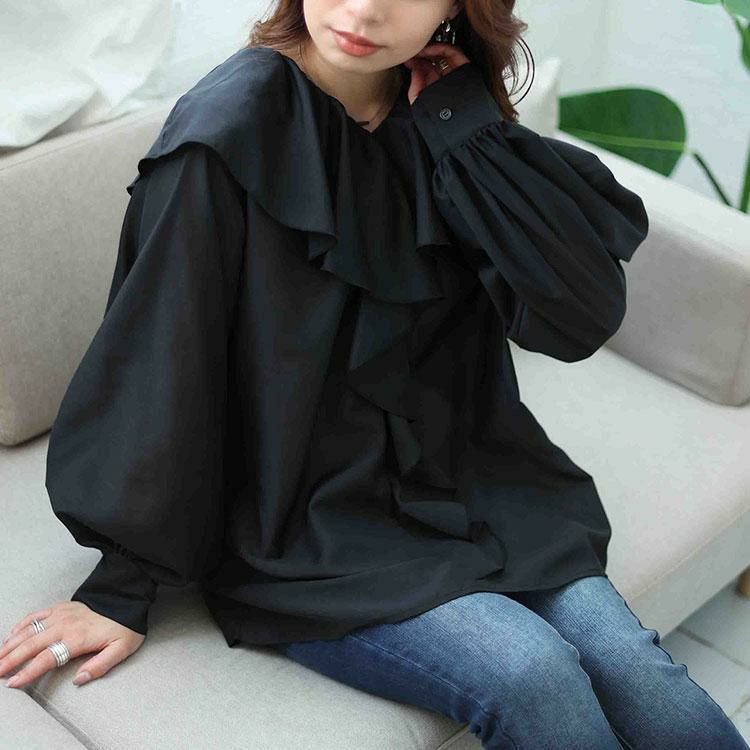 大きいサイズ レディース ラッフルフリルシアーブラウス　fem-453 ブラック