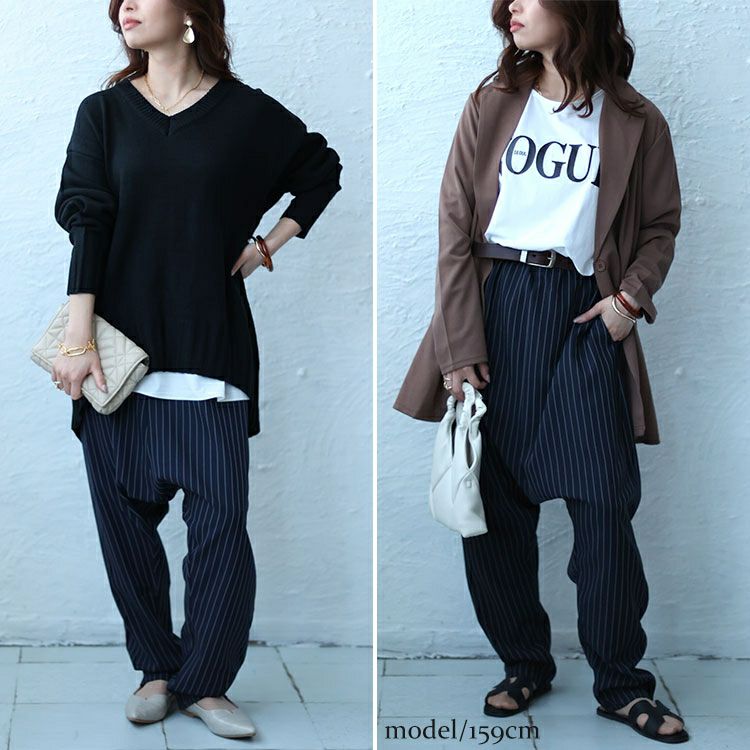 大きいサイズ レディース ストライプサルエルパンツ fem-447 | 大きい