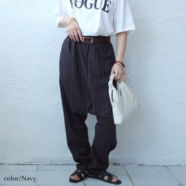 大きいサイズ レディース ストライプサルエルパンツ　fem-447 ネイビー