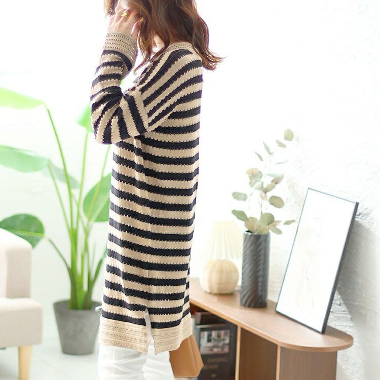 大きいサイズ レディース ボーダー柄アイレットニットチュニック　goldy-1428