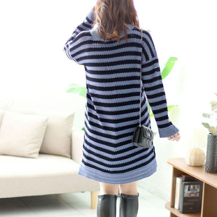 大きいサイズ レディース ボーダー柄アイレットニットチュニック　goldy-1428