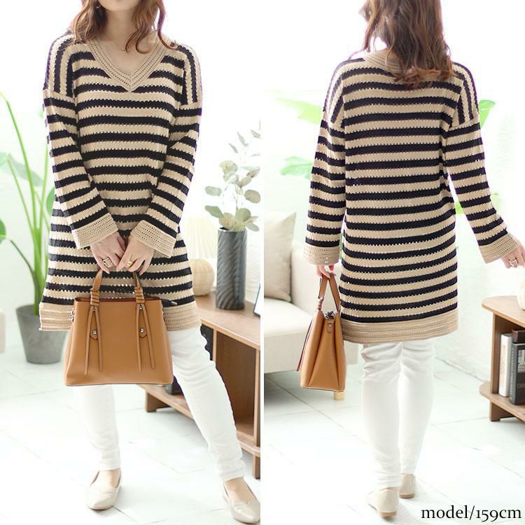 大きいサイズ レディース ボーダー柄アイレットニットチュニック　goldy-1428 ブラウン